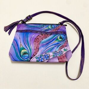 Anushka Hand Painted Purple Blue Peacock Floral Leather Crossbody Bag
